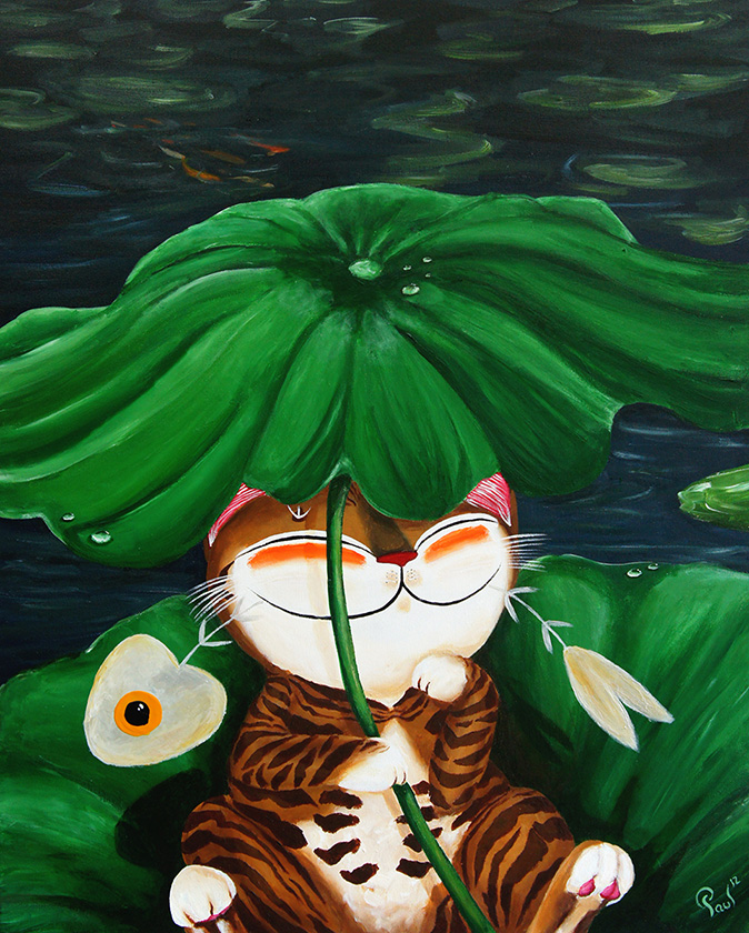 Singapore cat art, Under the Lotus Leaf