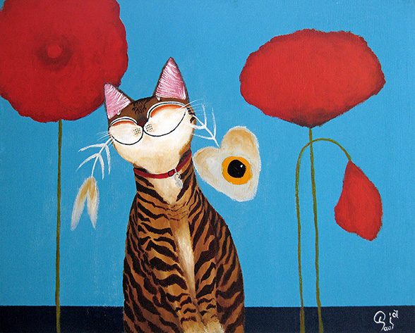 Singapore cat art, Sniffing the Kenzo Flower